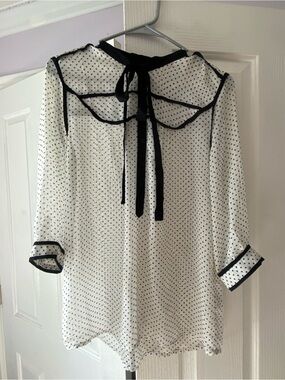 White Polka Dot Tie-Back Blouse with Black Trim